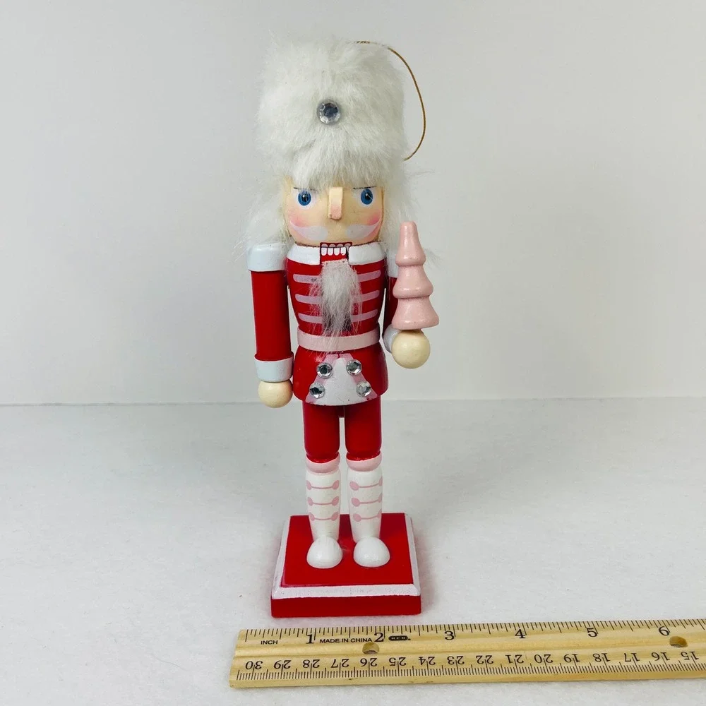 Red and Pink Wooden Nutcracker Soldier with Faux Fur Hat and Pink Tree 8 Inch